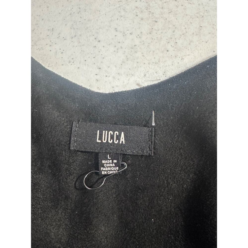 Lucca Women's L Wide Leg Crop Jumpsuit Sleeveless Casual Black Faux Suede D38 - Picture 5 of 8
